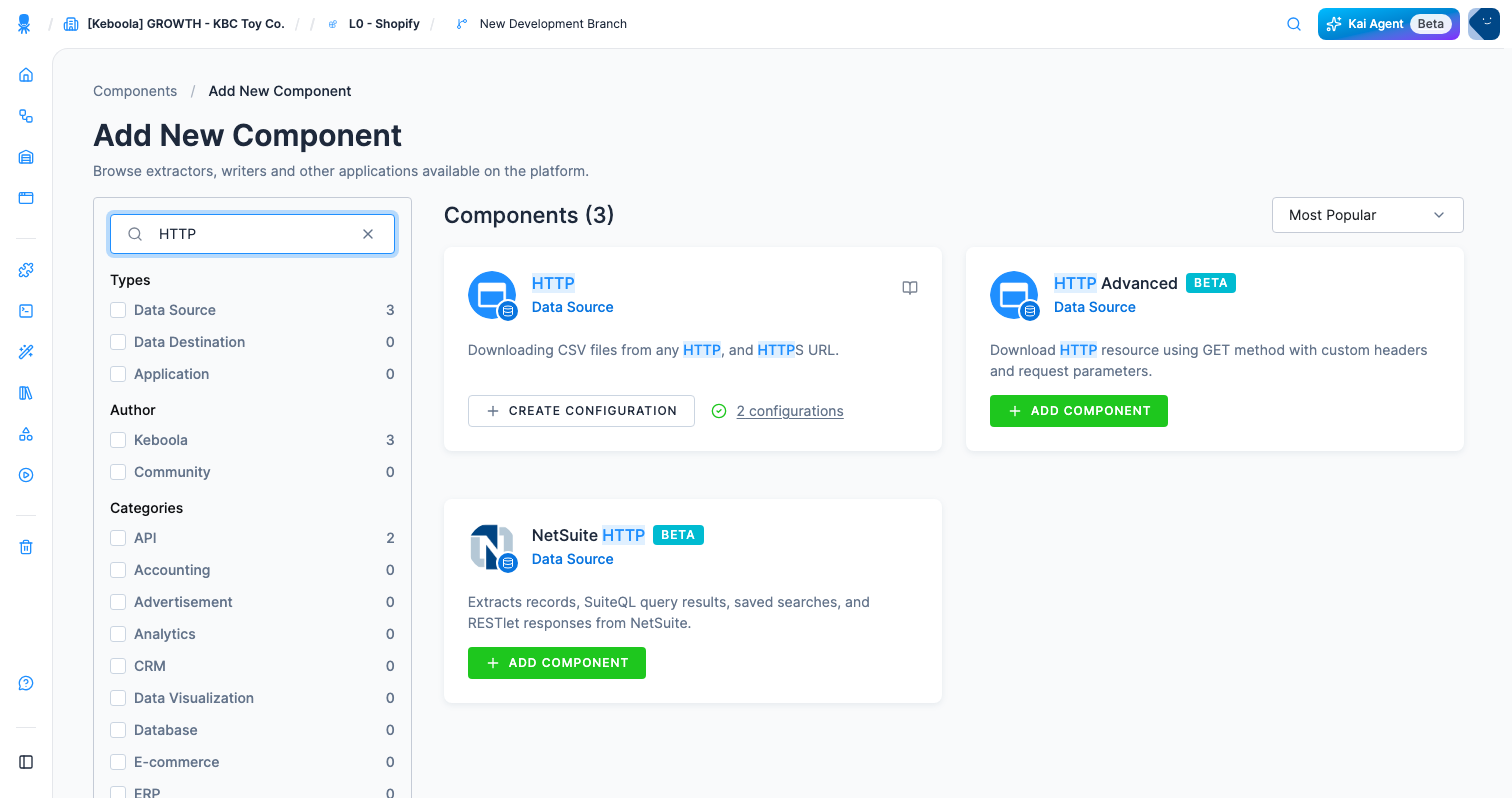 Screenshot - Find the HTTP data source connector